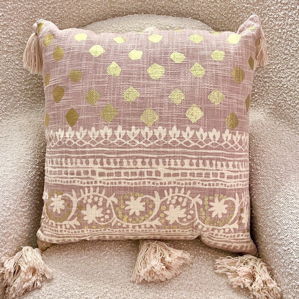 Anthropologie Tasselled Throw Pillow - Pink, Cream and Gold, Reversible